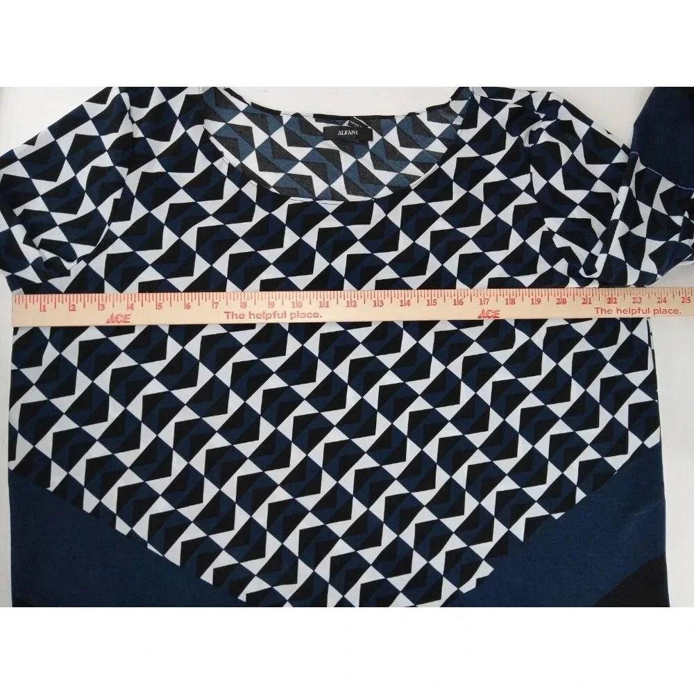 Alfani Womens Top Black Blue Geometric Pullover Asymmetrical Blouse Size 14 - Picture 5 of 9